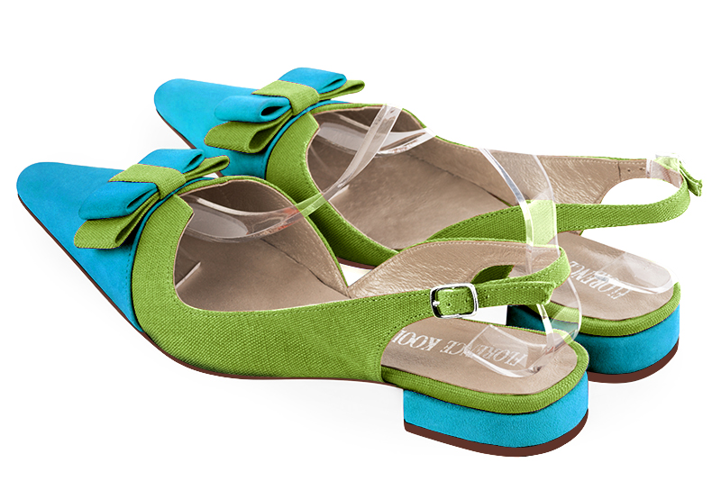 Turquoise blue and grass green women's open back shoes, with a knot. Tapered toe. Flat block heels. Rear view - Florence KOOIJMAN